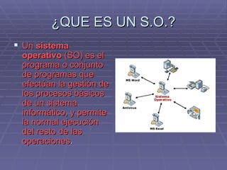 ¿QUE ES UN S.O.? Un  sistema operativo  (SO) es el programa o conjunto de programas que efectúan la gestión de los procesos básicos de un sistema informático, y permite la normal ejecución del resto de las operaciones . 