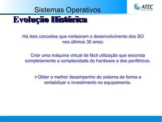 Sistemas Operativos Evolução Histórica Há dois conceitos que nortearam o desenvolvimento dos SO nos últimos 30 anos: Criar uma máquina virtual de fácil utilização que esconda completamente a complexidade do hardware e dos periféricos. Obter o melhor desempenho do sistema de forma a rentabilizar o investimento no equipamento. 