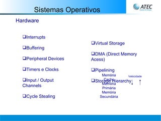 Sistemas Operativos Hardware Interrupts  Buffering Peripheral Devices Timers e Clocks   Input / Output Channels   Cycle Stealing   Virtual Storage   DMA (Direct Memory Acess)   Pipelining  Storage Hierarchy Memória Cache Memória Primária Memória Secundária Velocidade 