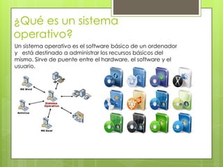 ¿Qué es un sistema
operativo?
Un sistema operativo es el software básico de un ordenador
y está destinado a administrar los recursos básicos del
mismo. Sirve de puente entre el hardware, el software y el
usuario.
 