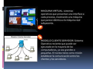 MAQUINA VIRTUAL: sistemas
operativos que presentan una interface a
cada proceso, mostrando una máquina
que parece idéntica a la máquina real
subyacente.




MODELO CLIENTE SERVIDOR: Sistema
Operativo reciente que puede ser
ejecutado en la mayoría de las
computadoras, ya sea grandes o
pequeñas. El núcleo tiene como misión
establecer la comunicación entre los
clientes y los servidores.
 