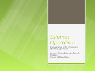 Sistemas
Operativos
Comparativa entre Windows 7,
Ubuntu y OpenSuse

Alumno: Carlos Estuardo Guzmán
Chacón
Carné: 2490-06-19345
 