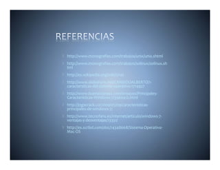 http://www.monografias.com/trabajos/unix/unix.shtml
http://www.monografias.com/trabajos/solinux/solinux.sh
tml
http://es.wikipedia.org/wiki/Unix
http://es wikipedia org/wiki/Unix
http://www.slideshare.net/CANDIDOALBERTO/1‐
caractersticas‐del‐sistema‐operativo‐1714927
http://www.buenastareas.com/ensayos/Principales‐
Caracteristicas‐Windows‐7/3960412.html
http://jogacrack.co/2009/05/09/caracteristicas‐
principales‐de‐windows‐7/
http://www.tecnofans.es/internet/articulo/windows 7
http://www.tecnofans.es/internet/articulo/windows‐7‐
ventajas‐y‐desventajas/13351/
http://es.scribd.com/doc/14348668/Sistema‐Operativo‐
Mac‐OS
 