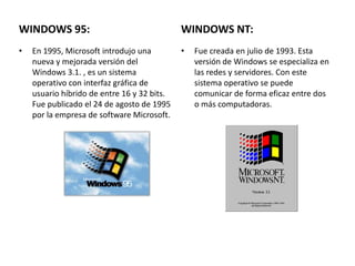 WINDOWS 95:                                  WINDOWS NT:
•   En 1995, Microsoft introdujo una         •   Fue creada en julio de 1993. Esta
    nueva y mejorada versión del                 versión de Windows se especializa en
    Windows 3.1. , es un sistema                 las redes y servidores. Con este
    operativo con interfaz gráfica de            sistema operativo se puede
    usuario híbrido de entre 16 y 32 bits.       comunicar de forma eficaz entre dos
    Fue publicado el 24 de agosto de 1995        o más computadoras.
    por la empresa de software Microsoft.
 