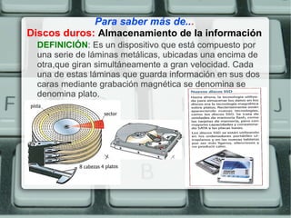 Para saber más de...
Discos duros: Almacenamiento de la información
  DEFINICIÓN: Es un dispositivo que está compuesto por
  una serie de láminas metálicas, ubicadas una encima de
  otra,que giran simultáneamente a gran velocidad. Cada
  una de estas láminas que guarda información en sus dos
  caras mediante grabación magnética se denomina se
  denomina plato.
 