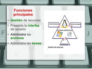 Funciones
     principales
●   Gestión de recursos:
●   Presenta la interfaz
    de usuario
●   Administra los
    archivos
●   Administra las tareas
 