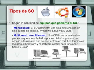 Tipos de SO

●   Según la cantidad de equipos que gobierna el SO.:
    - Monopuesto: El SO administra una sóla máquina con un
    solo puesto de acceso.: Windows, Linux y MS-DOS.
    - Multipuesto o multiacceso: Una CPU central realiza los
    procesos que son solicitados por los distintos puestos de
    acceso o terminales que se encuentran en red. Los terminales
    recurren al hardware y al software central para funcionar:
    Sprite y Solaris.
 