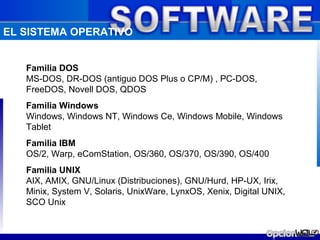 EL SISTEMA OPERATIVO


   Familia DOS
   MS-DOS, DR-DOS (antiguo DOS Plus o CP/M) , PC-DOS,
   FreeDOS, Novell DOS, QDOS
   Familia Windows
   Windows, Windows NT, Windows Ce, Windows Mobile, Windows
   Tablet
   Familia IBM
   OS/2, Warp, eComStation, OS/360, OS/370, OS/390, OS/400
   Familia UNIX
   AIX, AMIX, GNU/Linux (Distribuciones), GNU/Hurd, HP-UX, Irix,
   Minix, System V, Solaris, UnixWare, LynxOS, Xenix, Digital UNIX,
   SCO Unix
 