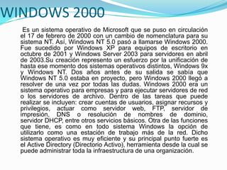 WINDOWS 2000
Es un sistema operativo de Microsoft que se puso en circulación
el 17 de febrero de 2000 con un cambio de nomenclatura para su
sistema NT. Así, Windows NT 5.0 pasó a llamarse Windows 2000.
Fue sucedido por Windows XP para equipos de escritorio en
octubre de 2001 y Windows Server 2003 para servidores en abril
de 2003.Su creación represento un esfuerzo por la unificación de
hasta ese momento dos sistemas operativos distintos, Windows 9x
y Windows NT. Dos años antes de su salida se sabía que
Windows NT 5.0 estaba en proyecto, pero Windows 2000 llegó a
resolver de una vez por todas las dudas. Windows 2000 era un
sistema operativo para empresas y para ejecutar servidores de red
o los servidores de archivo. Dentro de las tareas que puede
realizar se incluyen: crear cuentas de usuarios, asignar recursos y
privilegios, actuar como servidor web, FTP, servidor de
impresión, DNS o resolución de nombres de dominio,
servidor DHCP, entre otros servicios básicos. Otra de las funciones
que tiene, es como en todo sistema Windows la opción de
utilizarlo como una estación de trabajo más de la red. Dicho
sistema operativo es muy eficiente y su principal punto fuerte es
el Active Directory (Directorio Activo), herramienta desde la cual se
puede administrar toda la infraestructura de una organización.
 