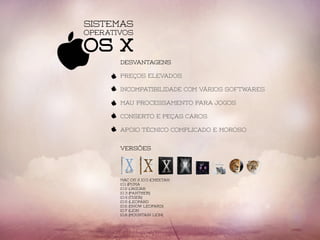 Sistemas
OS X
Operativos
DESvantagens
preços elevados
incompatibilidade com vários softwares
mau processamento para jogos
Conserto e peças caros
apoio técnico complicado e moroso
versões
Mac OS X 10.0 (Cheetah
10.1 (Puma
10.2 (Jaguar
10.3 (Panther)
10.4 (Tiger)
10.5 (Leopard
10.6 (Snow Leopard)
10.7 (Lion
10.8 (Mountain Lion)
 