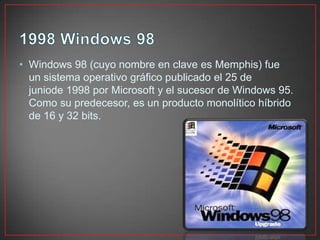 • Windows 98 (cuyo nombre en clave es Memphis) fue
un sistema operativo gráfico publicado el 25 de
juniode 1998 por Microsoft y el sucesor de Windows 95.
Como su predecesor, es un producto monolítico híbrido
de 16 y 32 bits.
 