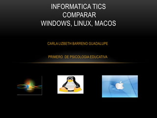 INFORMATICA TICS
COMPARAR
WINDOWS, LINUX, MACOS
CARLA LIZBETH BARRENO GUADALUPE
PRIMERO DE PSICOLOGIA EDUCATIVA

 