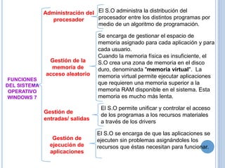 FUNCIONES 
DEL SISTEMA 
OPERATIVO 
WINDOWS 7 
El S.O administra la distribución del 
procesador entre los distintos programas por 
medio de un algoritmo de programación. 
Administración del 
procesador 
Se encarga de gestionar el espacio de 
memoria asignado para cada aplicación y para 
cada usuario. 
Cuando la memoria física es insuficiente, el 
S.O crea una zona de memoria en el disco 
duro, denominada "memoria virtual". La 
memoria virtual permite ejecutar aplicaciones 
que requieren una memoria superior a la 
memoria RAM disponible en el sistema. Esta 
memoria es mucho más lenta. 
Gestión de la 
memoria de 
acceso aleatorio 
El S.O permite unificar y controlar el acceso 
de los programas a los recursos materiales 
a través de los drivers 
Gestión de 
entradas/ salidas 
El S.O se encarga de que las aplicaciones se 
ejecuten sin problemas asignándoles los 
recursos que éstas necesitan para funcionar. 
Gestión de 
ejecución de 
aplicaciones 
 