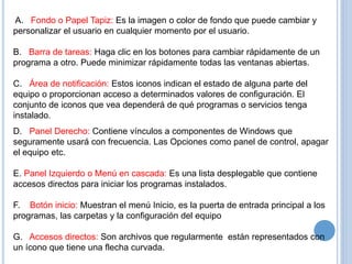 A. Fondo o Papel Tapiz: Es la imagen o color de fondo que puede cambiar y 
personalizar el usuario en cualquier momento por el usuario. 
B. Barra de tareas: Haga clic en los botones para cambiar rápidamente de un 
programa a otro. Puede minimizar rápidamente todas las ventanas abiertas. 
C. Área de notificación: Estos iconos indican el estado de alguna parte del 
equipo o proporcionan acceso a determinados valores de configuración. El 
conjunto de iconos que vea dependerá de qué programas o servicios tenga 
instalado. 
D. Panel Derecho: Contiene vínculos a componentes de Windows que 
seguramente usará con frecuencia. Las Opciones como panel de control, apagar 
el equipo etc. 
E. Panel Izquierdo o Menú en cascada: Es una lista desplegable que contiene 
accesos directos para iniciar los programas instalados. 
F. Botón inicio: Muestran el menú Inicio, es la puerta de entrada principal a los 
programas, las carpetas y la configuración del equipo 
G. Accesos directos: Son archivos que regularmente están representados con 
un ícono que tiene una flecha curvada. 
 