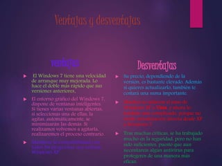 Ventajas y desventajas 
ventajas 
 El Windows 7 tiene una velocidad 
de arranque muy mejorada. Lo 
hace el doble más rápido que sus 
versiones anteriores. 
 El entorno gráfico del Windows 7, 
dispone de ventanas inteligentes. 
Si tienes varias ventanas abiertas, 
si seleccionas una de ellas, la 
agitas, automáticamente, se 
minimizarán las demás. Si 
realizamos volvemos a agitarla, 
realizaremos el proceso contrario. 
 Mantiene la compatibilidad con 
todos los programas que utilizan 
Windows XP. 
Desventajas 
 Su precio, dependiendo de la 
versión, es bastante elevado. Además 
si quieres actualizarlo, también te 
costará una suma importante. 
 Muchos se saltaron el paso de 
Windows XP a Vista, y ahora lo 
tendrán aun complicado, porque no 
existe actualización directa desde XP 
a Windows 7. 
 Tras muchas críticas, se ha trabajado 
mucho en la seguridad, pero no han 
sido suficientes, puesto que aun 
necesitareis algún antivirus para 
protegeros de una manera más 
eficaz. 
 