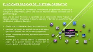 FUNCIONES BÁSICAS DEL SISTEMA OPERATIVO 
Los sistemas operativos, en su estado de capa software que posibilitan y simplifican el 
manejo de la computadora, ejercen una serie de funciones básicas esenciales para la 
gestión del equipo. 
Cada una de estas funciones es ejecutada por un componente interno “Modulo de 
núcleos monolíticos” Arquitectura de Sistema operativo y “Servidor en MicroKernel” Tipo 
de Núcleo de un Sistema Operativo. 
 Proporcionar comodidad en el uso de un computador. 
 Gestionar de manera eficiente los recursos del equipo, 
ejecutando servicios para los procesos (Programas) 
 Brindar una interfaz al usuario, ejecutando instrucciones 
(Comandos) 
 Permitir que los cambios debidos al desarrollo del 
propio SO se puedan realizar sin interferir con los 
servicios que ya se prestaban (Evolutividad) 
 