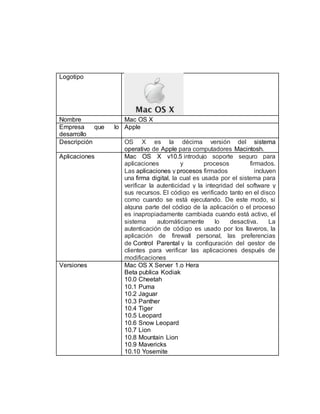 Logotipo 
Nombre Mac OS X 
Empresa que lo 
Apple 
desarrollo 
Descripción OS X es la décima versión del sistema 
operativo de Apple para computadores Macintosh. 
Aplicaciones Mac OS X v10.5 introdujo soporte seguro para 
aplicaciones y procesos firmados. 
Las aplicaciones y procesos firmados incluyen 
una firma digital, la cual es usada por el sistema para 
verificar la autenticidad y la integridad del software y 
sus recursos. El código es verificado tanto en el disco 
como cuando se está ejecutando. De este modo, si 
alguna parte del código de la aplicación o el proceso 
es inapropiadamente cambiada cuando está activo, el 
sistema automáticamente lo desactiva. La 
autenticación de código es usado por los llaveros, la 
aplicación de firewall personal, las preferencias 
de Control Parental y la configuración del gestor de 
clientes para verificar las aplicaciones después de 
modificaciones 
Versiones Mac OS X Server 1.o Hera 
Beta publica Kodiak 
10.0 Cheetah 
10.1 Puma 
10.2 Jaguar 
10.3 Panther 
10.4 Tiger 
10.5 Leopard 
10.6 Snow Leopard 
10.7 Lion 
10.8 Mountain Lion 
10.9 Mavericks 
10.10 Yosemite 
 