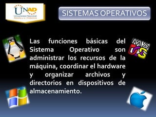 SISTEMAS OPERATIVOS 
Las funciones básicas del 
Sistema Operativo son 
administrar los recursos de la 
máquina, coordinar el hardware 
y organizar archivos y 
directorios en dispositivos de 
almacenamiento. 
 