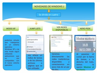 NOVEDADES DE WINDOWS 7 
Se divide en cuatro 
MODO XP JUMP LISTS 
VER REDES 
DISPONIBLES 
novedades 
AERO PEEK 
nos ofrece un 
índice de tareas 
o de los últimos 
archivos o 
páginas que se 
han utilizado. 
Veremos 
directamente las 
redes inalámbricas 
disponibles y 
conectaremos en 
poco más de un par 
de clics. 
Al pasamos el 
cursor por la barra 
de tareas, a la 
derecha del todo, 
vemos la 
opción Mostrar el 
escritorio. 
podemos simular 
que trabajamos 
en un sistema 
operativo 
Windows XP y de 
este modo seguir 
utilizando 
aplicaciones que 
no son 
compatibles con 
el nuevo sistema 
operativo 
 