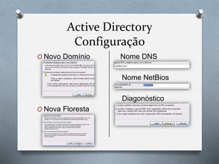 Active Directory
Configuração
O Novo Domínio Nome DNS
Nome NetBios
Diagonóstico
O Nova Floresta