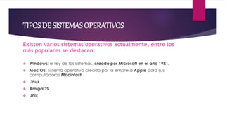 TIPOS DE SISTEMAS OPERATIVOS
Existen varios sistemas operativos actualmente, entre los
más populares se destacan:
 Windows: el rey de los sistemas, creado por Microsoft en el año 1981.
 Mac OS: sistema operativo creado por la empresa Apple para sus
computadoras Macintosh.
 Linux
 AmigaOS
 Unix
 