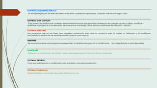 SOFTWARE DE DOMINIO PÚBLICO
No está protegido por las leyes de derecho de autor y puede ser copiado por cualquier individuo sin algún costo
SOFTWARE CON COPYLEFT.
Es la protección jurídica que confieren determinadas licencias que garantizan el derecho de cualquier usuario a utilizar, modificar y
redistribuir un programa o sus derivados, siempre que se mantengan estas mismas condiciones de utilización y difusión
SOFTWARE SEMI LIBRE.
Son programas que no son libres, pero requieren autorización para que los usuarios lo usen, lo copien, lo distribuyan y lo modifiquen
(incluyendo la distribución de versiones modificadas) sin costo alguno.
FREEWARE.
Se usa comúnmente para programas que permiten la redistribución pero no la modificación ( su código fuente no está disponible).
SHAREWARE.
Software con autorización de retribuir copias, pero debe pagar por licencia de uso continuado.
SOFTWARE PRIVADO.
Cuyo uso, redistribución o modificación esta prohibido o necesita autorización.
SOFTWARE COMERCIAL.
Desarrollado por una empresa que gana dinero por su uso.
 