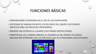 FUNCIONES BÁSICAS
• PROPORCIONAR COMODIDAD EN EL USO DE UN COMPUTADOR.
• GESTIONAR DE MANERA EFICIENTE LOS RECURSOS DEL EQUIPO, EJECUTANDO
SERVICIOS PARA LOS PROCESOS (PROGRAMAS)
• BRINDAR UNA INTERFAZ AL USUARIO, EJECUTANDO INSTRUCCIONES.
• PERMITIR QUE LOS CAMBIOS DEBIDOS AL DESARROLLO DEL PROPIO SE PUEDAN
REALIZAR SIN INTERFERIR CON LOS SERVICIOS QUE YA SE PRESTABAN (EVOLUTIVIDAD).
 