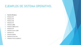 EJEMPLOS DE SISTEMA OPERATIVO.
 Familia Windows
 Windows 95
 Windows 98
 Windows ME
 Windows NT
 Windows 2000
 Windows 2000 server
 Windows XP
 Windows Server 2003
 Windows CE
 Windows Mobile
 Windows XP 64 bits
 Windows Vista (Longhorn)
 