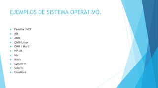 EJEMPLOS DE SISTEMA OPERATIVO.
 Familia UNIX
 AIX
 AMIX
 GNU/Linux
 GNU / Hurd
 HP-UX
 Irix
 Minix
 System V
 Solaris
 UnixWare
 