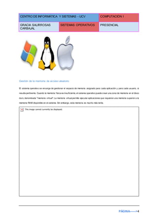 CENTRO DE INFORMÁTICA Y SISTEMAS - UCV COMPUTACIÓN I
GRACIA SALIRROSAS
CARBAJAL
SISTEMAS OPERATIVOS PRESENCIAL
PÁGINA------>4
Gestión de la memoria de acceso aleatorio
El sistema operativo se encarga de gestionar el espacio de memoria asignado para cada aplicación y para cada usuario, si
resulta pertinente. Cuando la memoria física es insuficiente, el sistema operativo puede crear una zona de memoria en el disco
duro, denominada "memoria virtual". La memoria virtualpermite ejecutar aplicaciones que requieren una memoria superior a la
memoria RAM disponible en el sistema. Sin embargo, esta memoria es mucho más lenta.
 