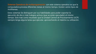 Sistemas Operativos de multiprogramación: con este sistema operativo es que la
computadora procesa diferentes tareas al mismo tiempo. Existen varios tipos de
multitareas.
Estos sistemas Se distinguen por sus habilidades para poder soportar la
ejecución de dos o más trabajos activos (que se están ejecutado) al mismo
tiempo. Esto trae como resultado que la Unidad Central de Procesamiento (UCP)
siempre tenga alguna tarea que ejecutar, aprovechando al máximo su utilización.
 