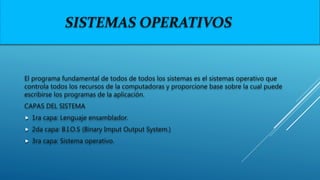 SISTEMAS OPERATIVOS
El programa fundamental de todos de todos los sistemas es el sistemas operativo que
controla todos los recursos de la computadoras y proporcione base sobre la cual puede
escribirse los programas de la aplicación.
CAPAS DEL SISTEMA
 1ra capa: Lenguaje ensamblador.
 2da capa: B.I.O.S (Binary Imput Output System.)
 3ra capa: Sistema operativo.
 