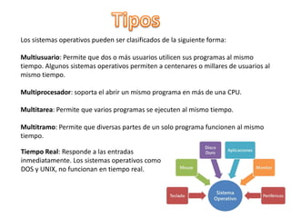 Los sistemas operativos pueden ser clasificados de la siguiente forma:
Multiusuario: Permite que dos o más usuarios utilicen sus programas al mismo
tiempo. Algunos sistemas operativos permiten a centenares o millares de usuarios al
mismo tiempo.
Multiprocesador: soporta el abrir un mismo programa en más de una CPU.
Multitarea: Permite que varios programas se ejecuten al mismo tiempo.
Multitramo: Permite que diversas partes de un solo programa funcionen al mismo
tiempo.
Tiempo Real: Responde a las entradas
inmediatamente. Los sistemas operativos como
DOS y UNIX, no funcionan en tiempo real.
 