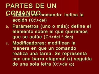 PARTES DE UNPARTES DE UN
COMANDOCOMANDOa.a. NombreNombre del comando: indica ladel comando: indica la
acción (acción (C:>del)C:>del)
b.b. ParámetrosParámetros (uno o más): define el(uno o más): define el
elemento sobre el que queremoselemento sobre el que queremos
que se actúe (que se actúe (C:>del *.doc)C:>del *.doc)
c.c. ModificadoresModificadores: modifican la: modifican la
manera en que un comandomanera en que un comando
realiza una tarea. Se representarealiza una tarea. Se representa
con una barra diagonal (/) seguidacon una barra diagonal (/) seguida
de una sola letrade una sola letra ((C:>dir /p)C:>dir /p)
 