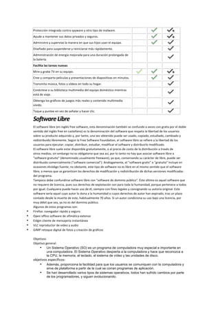 Protección	
  integrada	
  contra	
  spyware	
  y	
  otro	
  tipo	
  de	
  malware.	
  
	
   	
   	
  
Ayude	
  a	
  mantener	
  sus	
  datos	
  privados	
  y	
  seguros.	
  
	
   	
   	
  
Administre	
  y	
  supervise	
  la	
  manera	
  en	
  que	
  sus	
  hijos	
  usan	
  el	
  equipo.	
  
	
   	
   	
  
Diseñado	
  para	
  suspenderse	
  y	
  reiniciarse	
  más	
  rápidamente.	
  
	
   	
   	
  
Administración	
  de	
  energía	
  mejorada	
  para	
  una	
  duración	
  prolongada	
  de	
  
la	
  batería.	
   	
   	
   	
  
Facilita	
  las	
  tareas	
  nuevas	
  
	
   	
   	
  
Mire	
  y	
  grabe	
  TV	
  en	
  su	
  equipo.	
   	
   	
   	
  
Cree	
  y	
  comparta	
  películas	
  y	
  presentaciones	
  de	
  diapositivas	
  en	
  minutos.	
  
	
   	
   	
  
Transmita	
  música,	
  fotos	
  y	
  vídeos	
  en	
  todo	
  su	
  hogar.	
  
	
   	
   	
  
Conéctese	
  a	
  su	
  biblioteca	
  multimedia	
  del	
  equipo	
  doméstico	
  mientras	
  
está	
  de	
  viaje.	
   	
   	
   	
  
Obtenga	
  los	
  gráficos	
  de	
  juegos	
  más	
  reales	
  y	
  contenido	
  multimedia	
  
vívido.	
   	
   	
   	
  
Toque	
  y	
  puntee	
  en	
  vez	
  de	
  señalar	
  y	
  hacer	
  clic.	
  
	
   	
   	
  
Software	
  Libre	
  
El	
  software	
  libre	
  (en	
  inglés	
  free	
  software,	
  esta	
  denominación	
  también	
  se	
  confunde	
  a	
  veces	
  con	
  gratis	
  por	
  el	
  doble	
  
sentido	
  del	
  inglés	
  free	
  en	
  castellano)	
  es	
  la	
  denominación	
  del	
  software	
  que	
  respeta	
  la	
  libertad	
  de	
  los	
  usuarios	
  
sobre	
  su	
  producto	
  adquirido	
  y,	
  por	
  tanto,	
  una	
  vez	
  obtenido	
  puede	
  ser	
  usado,	
  copiado,	
  estudiado,	
  cambiado	
  y	
  
redistribuido	
  libremente.	
  Según	
  la	
  Free	
  Software	
  Foundation,	
  el	
  software	
  libre	
  se	
  refiere	
  a	
  la	
  libertad	
  de	
  los	
  
usuarios	
  para	
  ejecutar,	
  copiar,	
  distribuir,	
  estudiar,	
  modificar	
  el	
  software	
  y	
  distribuirlo	
  modificado.	
  
El	
  software	
  libre	
  suele	
  estar	
  disponible	
  gratuitamente,	
  o	
  al	
  precio	
  de	
  costo	
  de	
  la	
  distribución	
  a	
  través	
  de	
  
otros	
  medios;	
  sin	
  embargo	
  no	
  es	
  obligatorio	
  que	
  sea	
  así,	
  por	
  lo	
  tanto	
  no	
  hay	
  que	
  asociar	
  software	
  libre	
  a	
  
"software	
  gratuito"	
  (denominado	
  usualmente	
  freeware),	
  ya	
  que,	
  conservando	
  su	
  carácter	
  de	
  libre,	
  puede	
  ser	
  
distribuido	
  comercialmente	
  ("software	
  comercial").	
  Análogamente,	
  el	
  "software	
  gratis"	
  o	
  "gratuito"	
  incluye	
  en	
  
ocasiones	
  elcódigo	
  fuente;	
  no	
  obstante,	
  este	
  tipo	
  de	
  software	
  no	
  es	
  libre	
  en	
  el	
  mismo	
  sentido	
  que	
  el	
  software	
  
libre,	
  a	
  menos	
  que	
  se	
  garanticen	
  los	
  derechos	
  de	
  modificación	
  y	
  redistribución	
  de	
  dichas	
  versiones	
  modificadas	
  
del	
  programa.	
  
Tampoco	
  debe	
  confundirse	
  software	
  libre	
  con	
  "software	
  de	
  dominio	
  público".	
  Éste	
  último	
  es	
  aquel	
  software	
  que	
  
no	
  requiere	
  de	
  licencia,	
  pues	
  sus	
  derechos	
  de	
  explotación	
  son	
  para	
  toda	
  la	
  humanidad,	
  porque	
  pertenece	
  a	
  todos	
  
por	
  igual.	
  Cualquiera	
  puede	
  hacer	
  uso	
  de	
  él,	
  siempre	
  con	
  fines	
  legales	
  y	
  consignando	
  su	
  autoría	
  original.	
  Este	
  
software	
  sería	
  aquel	
  cuyo	
  autor	
  lo	
  dona	
  a	
  la	
  humanidad	
  o	
  cuyos	
  derechos	
  de	
  autor	
  han	
  expirado,	
  tras	
  un	
  plazo	
  
contado	
  desde	
  la	
  muerte	
  de	
  este,	
  habitualmente	
  70	
  años.	
  Si	
  un	
  autor	
  condiciona	
  su	
  uso	
  bajo	
  una	
  licencia,	
  por	
  
muy	
  débil	
  que	
  sea,	
  ya	
  no	
  es	
  del	
  dominio	
  público.	
  
Algunos	
  de	
  estos	
  programas	
  son:	
  
• Firefox:	
  navegador	
  rápido	
  y	
  seguro	
  
• Open	
  office	
  software	
  de	
  ofimática	
  extenso	
  
• Eidgin	
  cliente	
  de	
  mensajería	
  instantánea	
  
• VLC	
  reproductor	
  de	
  video	
  y	
  audio	
  
• GIMP	
  retoque	
  digital	
  de	
  fotos	
  y	
  creación	
  de	
  gráficos	
  
	
  
Objetivos	
  
Objetivo	
  general:	
  
• Un Sistema Operativo (SO) es un programa de computadora muy especial e importante en
una computadora. El Sistema Operativo despierta a la computadora y hace que reconozca a
la CPU, la memoria, el teclado, el sistema de vídeo y las unidades de disco.	
  
objetivos	
  específicos:	
  
• Además, proporciona la facilidad para que los usuarios se comuniquen con la computadora y
sirve de plataforma a partir de la cual se corran programas de aplicación.	
  
• Se han desarrollado varios tipos de sistemas operativos, todos han sufrido cambios por parte
de los programadores, y siguen evolucionando.
 