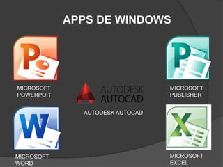 APPS DE WINDOWS
MICROSOFT
POWERPOIT
MICROSOFT
PUBLISHER
MICROSOFT
WORD
AUTODESK AUTOCAD
MICROSOFT
EXCEL
 