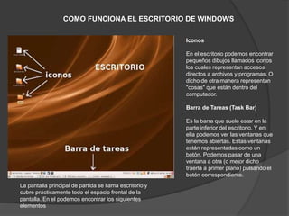 COMO FUNCIONA EL ESCRITORIO DE WINDOWS
Iconos
En el escritorio podemos encontrar
pequeños dibujos llamados iconos
los cuales representan accesos
directos a archivos y programas. O
dicho de otra manera representan
"cosas" que están dentro del
computador.
Barra de Tareas (Task Bar)
Es la barra que suele estar en la
parte inferior del escritorio. Y en
ella podemos ver las ventanas que
tenemos abiertas. Estas ventanas
están representadas como un
botón. Podemos pasar de una
ventana a otra (o mejor dicho
traerla a primer plano) pulsando el
botón correspondiente.
La pantalla principal de partida se llama escritorio y
cubre prácticamente todo el espacio frontal de la
pantalla. En el podemos encontrar los siguientes
elementos
 