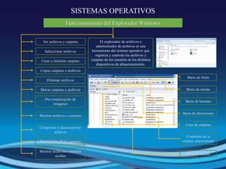 SISTEMAS OPERATIVOS
Funcionamiento del Explorador Windows
Ver archivos y carpetas
Seleccionar archivos
Crear y eliminar carpetas
Copiar carpetas o archivos
Eliminar archivos
Mover carpetas y archivos
Pre-visualización de
imágenes
Mostrar archivos o carpetas
Comprimir y descomprimir
archivos
Propiedades de las carpetas
Mostrar archivos o carpetas
ocultas
El explorador de archivos o
administrador de archivos es una
herramienta del sistema operativo que
organiza y controla los archivos y
carpetas de los usuarios en los distintos
dispositivos de almacenamiento.
Barra de titulo
Barra de menús
Barra de botones
Barra de direcciones
Lista de carpetas
Contenido de la
carpeta seleccionada
Barra de estado
 