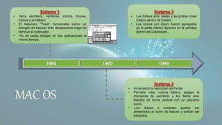 1984 1985 1986
Sistema 1
• Tenía escritorio, ventanas, iconos, mouse,
menús y scrollbars.
• El basurero “Trash” funcionaba como un
tobogán de basura, todo desaparecía luego de
reiniciar el ordenador.
• No se podía trabajar en dos aplicaciones al
mismo tiempo.
Sistema 2
• Incrementó la velocidad del Finder
• Permitía crear nuevos folders, apagar, la
impresora de escritorio y los ítems eran
listados de forma vertical con un pequeño
icono.
• Los discos o unidades podían ser
arrastrados al icono de basura y podían ser
extraídos.
Sistema 3
• Los folders eran reales y se podían crear
folders dentro de folders.
• Los iconos con Zoom fueron agregados
en la parte inferior derecha en la ventana
dentro del Dashboard.
MAC OS
 