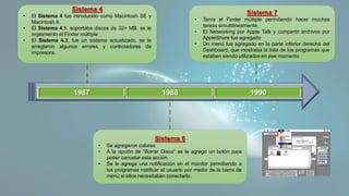 1987 1988 1990
Sistema 4
• El Sistema 4 fue introducido como Macintosh SE y
Macintosh II.
• El Sistema 4.1, soportaba discos de 32+ MB, se le
implemento el Finder múltiple
• El Sistema 4.3, fue un sistema actualizado, se le
arreglaron algunos errores y controladores de
impresora.
Sistema 6
• Se agregaron colores
• A la opción de “Borrar Disco” se le agrego un botón para
poder cancelar esta acción
• Se le agrega una notificación en el monitor permitiendo a
los programas notificar al usuario por medio de la barra de
menú si ellos necesitaban conectarlo.
Sistema 7
• Tenía el Finder múltiple permitiendo hacer muchas
tareas simultáneamente.
• El Networking por Apple Talk y compartir archivos por
AppleShare fue agregado
• Un menú fue agregado en la parte inferior derecha del
Dashboard, que mostraba la lista de los programas que
estaban siendo utilizados en ese momento
 
