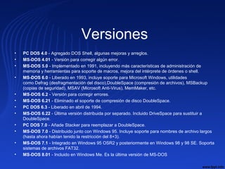 Versiones
• PC DOS 4.0 - Agregado DOS Shell, algunas mejoras y arreglos.
• MS-DOS 4.01 - Versión para corregir algún error.
• MS-DOS 5.0 - Implementado en 1991, incluyendo más características de administración de 
memoria y herramientas para soporte de macros, mejora del intérprete de órdenes o shell.
• MS-DOS 6.0 - Liberado en 1993, incluye soporte para Microsoft Windows, utilidades 
como Defrag (desfragmentación del disco),DoubleSpace (compresión de archivos), MSBackup 
(copias de seguridad), MSAV (Microsoft Anti-Virus), MemMaker, etc.
• MS-DOS 6.2 - Versión para corregir errores.
• MS-DOS 6.21 - Eliminado el soporte de compresión de disco DoubleSpace.
• PC DOS 6.3 - Liberado en abril de 1994.
• MS-DOS 6.22 - Última versión distribuida por separado. Incluido DriveSpace para sustituir a 
DoubleSpace.
• PC DOS 7.0 - Añade Stacker para reemplazar a DoubleSpace.
• MS-DOS 7.0 - Distribuido junto con Windows 95. Incluye soporte para nombres de archivo largos 
(hasta ahora habían tenido la restricción del 8+3).
• MS-DOS 7.1 - Integrado en Windows 95 OSR2 y posteriormente en Windows 98 y 98 SE. Soporta 
sistemas de archivos FAT32.
• MS-DOS 8.01 - Incluido en Windows Me. Es la última versión de MS-DOS
 