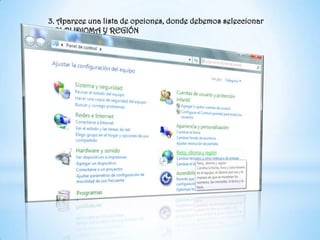 3. Aparece una lista de opciones, donde debemos seleccionar RELOJ IDIOMA Y REGIÓN 