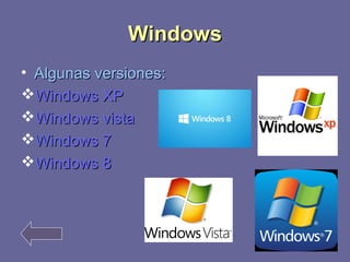 WWiinnddoowwss 
• AAllgguunnaass vveerrssiioonneess:: 
WWiinnddoowwss XXPP 
WWiinnddoowwss vviissttaa 
WWiinnddoowwss 77 
WWiinnddoowwss 88 
 