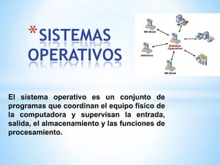 * SISTEMAS

OPERATIVOS
El sistema operativo es un conjunto de
programas que coordinan el equipo físico de
la computadora y supervisan la entrada,
salida, el almacenamiento y las funciones de
procesamiento.

 