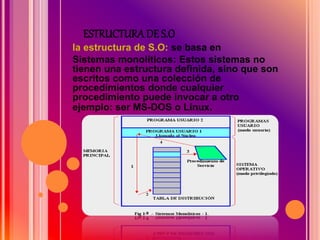 ESTRUCTURADE S.O
la estructura de S.O: se basa en
Sistemas monolíticos: Estos sistemas no
tienen una estructura definida, sino que son
escritos como una colección de
procedimientos donde cualquier
procedimiento puede invocar a otro
ejemplo: ser MS-DOS o Linux.
 