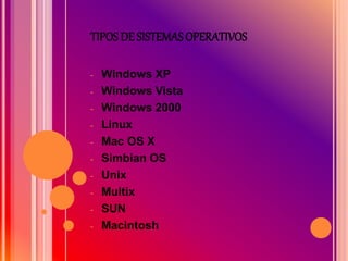 TIPOS DE SISTEMAS OPERATIVOS
- Windows XP
- Windows Vista
- Windows 2000
- Linux
- Mac OS X
- Simbian OS
- Unix
- Multix
- SUN
- Macintosh
 
