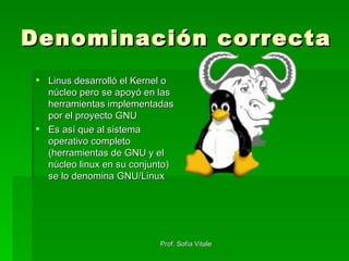 Denominación correcta Linus desarrolló el Kernel o núcleo pero se apoyó en las herramientas implementadas por el proyecto GNU Es así que al sistema operativo completo (herramientas de GNU y el núcleo linux en su conjunto) se lo denomina GNU/Linux 