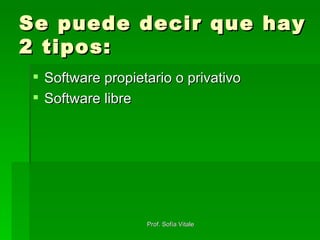 Se puede decir que hay 2 tipos: Software propietario o privativo Software libre 