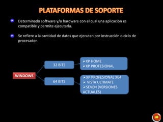 WINDOWS
Determinado software y/o hardware con el cual una aplicación es
compatible y permite ejecutarla.
Se refiere a la cantidad de datos que ejecutan por instrucción o ciclo de
procesador.
32 BITS
64 BITS
XP HOME
XP PROFESIONAL
XP PROFESIONAL X64
 VISTA ULTIMATE
SEVEN (VERSIONES
ACTUALES)
 