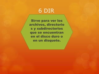 6 DIR
 Sirve para ver los
archivos, directorio
 s y subdirectorios
que se encuentran
 en el disco duro o
  en un disquete.
 
